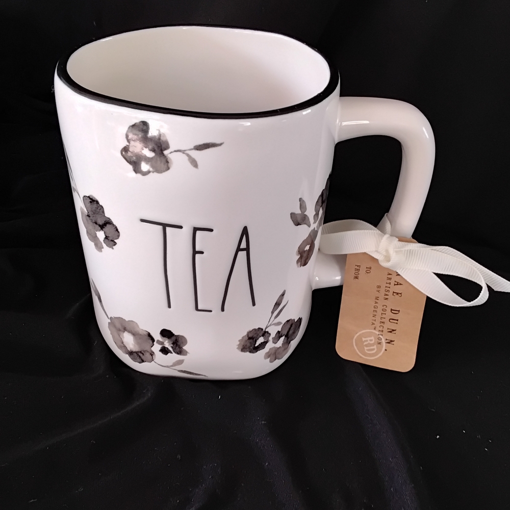 Rae Dunn 'TEA' Floral Ceramic Mug - White with Black Accents
